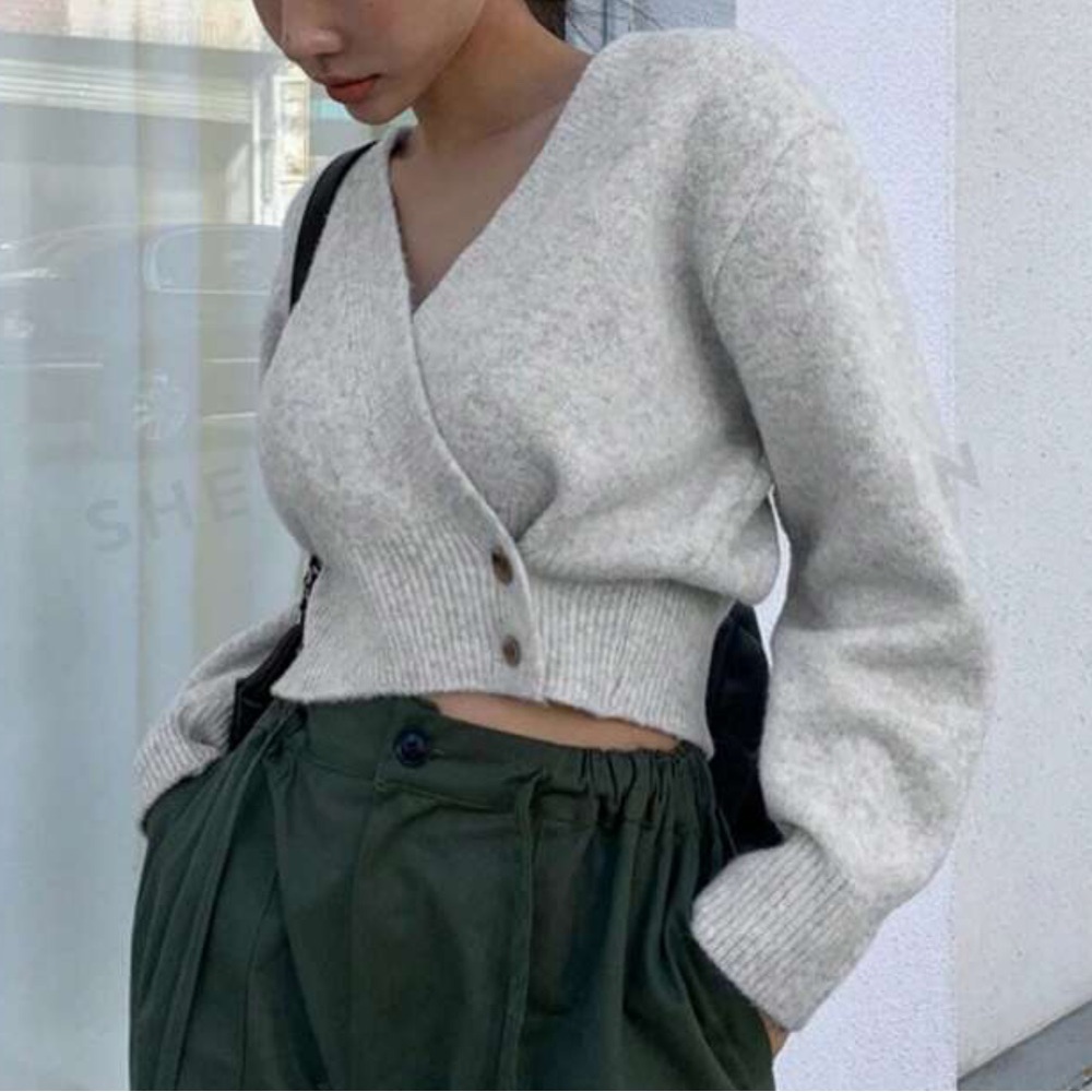 Button Front Cropped Wrap Sweater - image 6